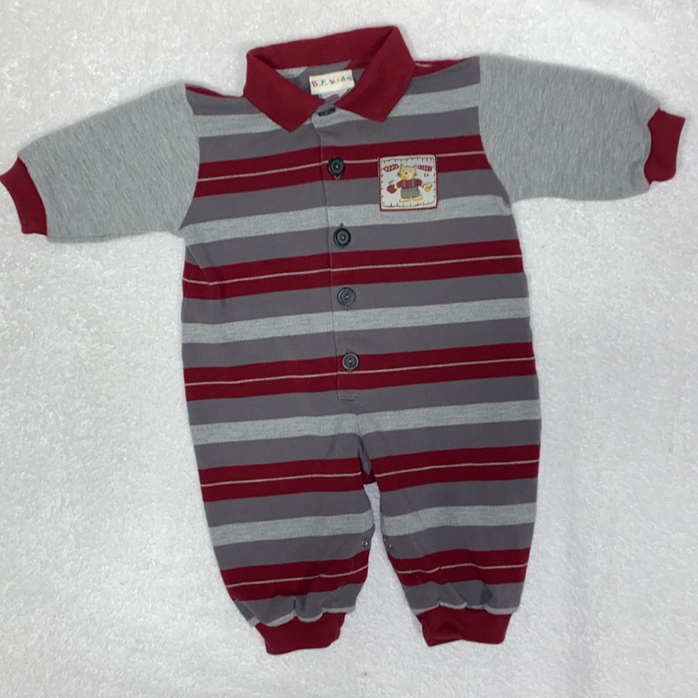 Vintage B.T. kids striped polo style romper apple cider cat patch 6/9m